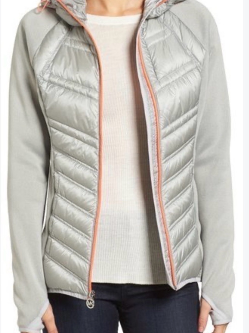 Michael Kors Light Gray Quilted Hooded Jacket with Coral Trim